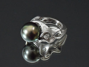 Award winning Tahitian black pearl + diamond 14K white gold ring