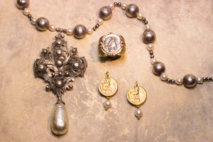 French Fleur de Lis pin-pendant with faux pearl drop