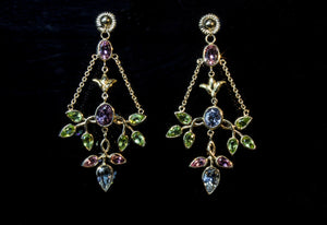 Victorian style earrings 14K gold w/ semi-precious colored stones
