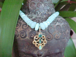 Indian floral pendant with tourmaline on Peruvian Opal necklace